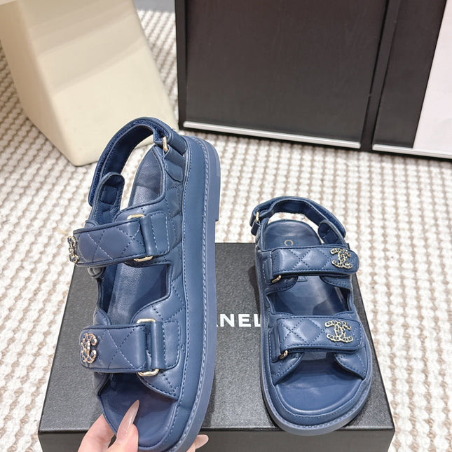 CHANEL 26S QUILTED DAD SANDALS IN SLATE BLUE CALFSKIN