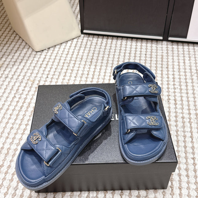 CHANEL 26S QUILTED DAD SANDALS IN SLATE BLUE CALFSKIN