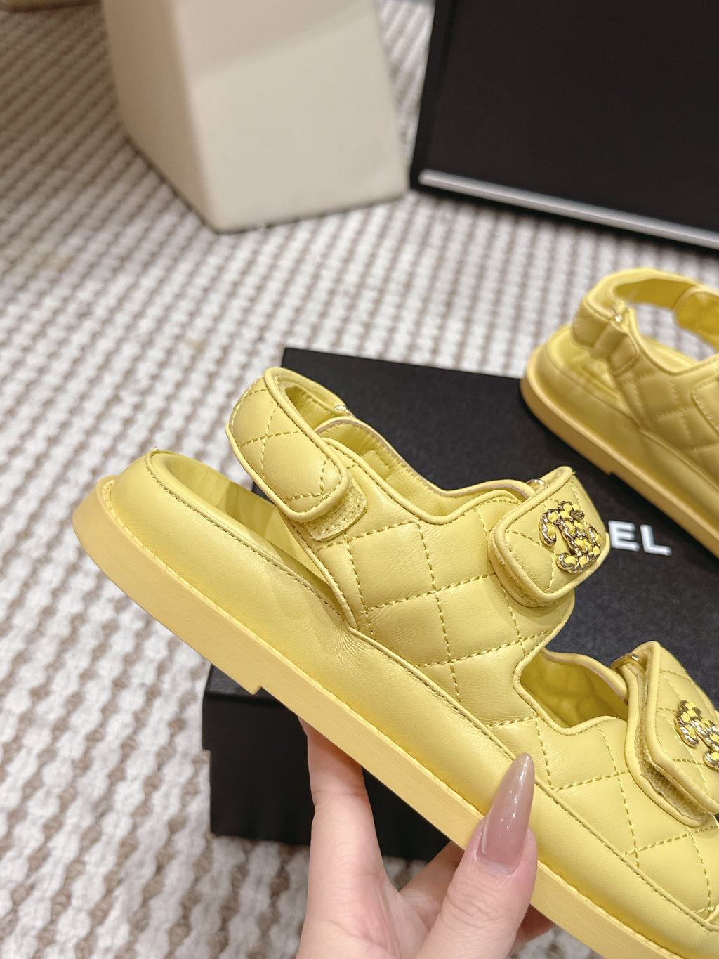 CHANEL 26S QUILTED DAD SANDALS IN YELLOW CALFSKIN