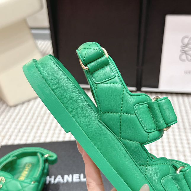 CHANEL 26S QUILTED DAD SANDALS IN GREEN CALFSKIN