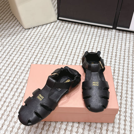 MIUMIU 26S RUCHES FISHERMAN SANDALS IN BLACK CALFSKIN GOLD HARDWARE