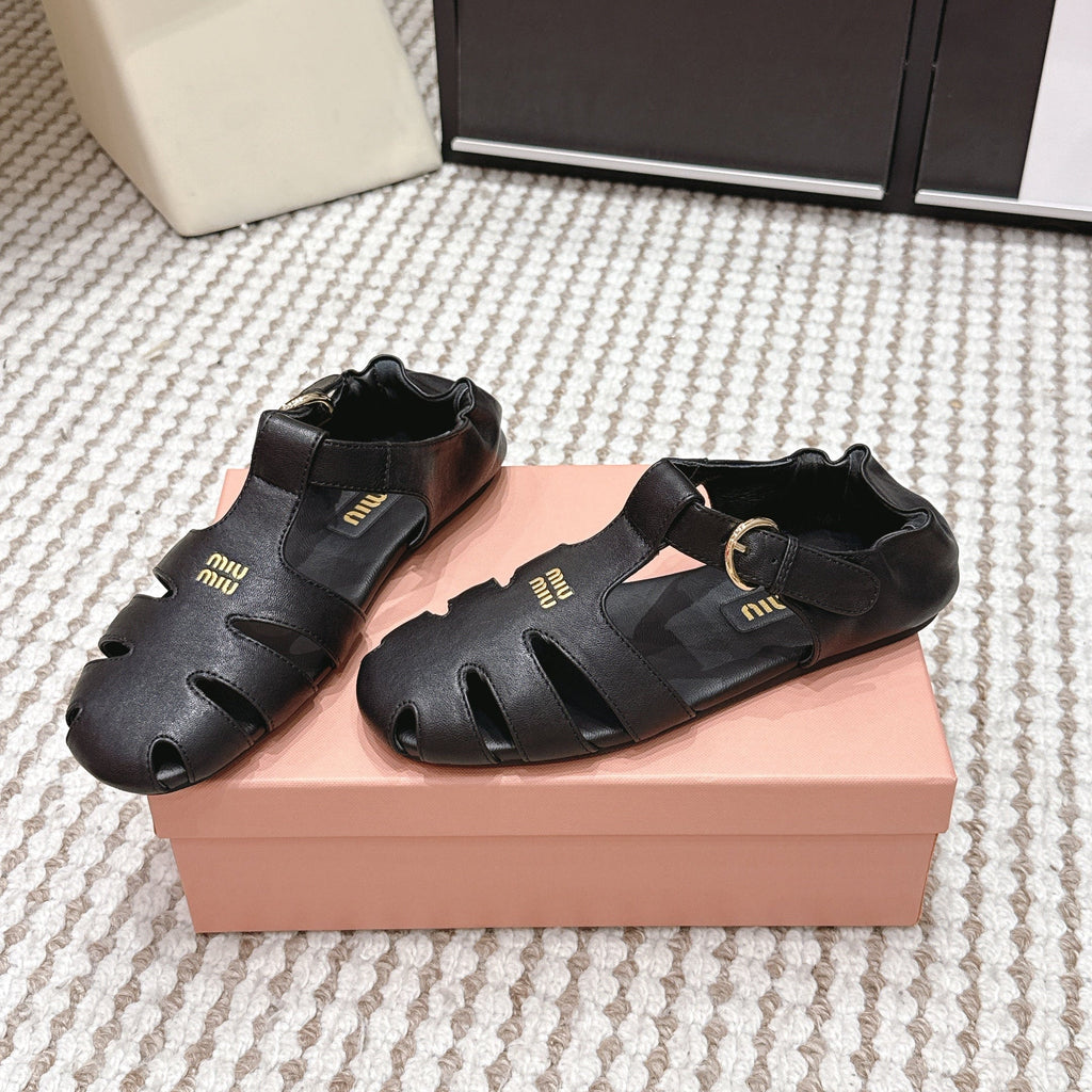 MIUMIU 26S RUCHES FISHERMAN SANDALS IN BLACK CALFSKIN GOLD HARDWARE
