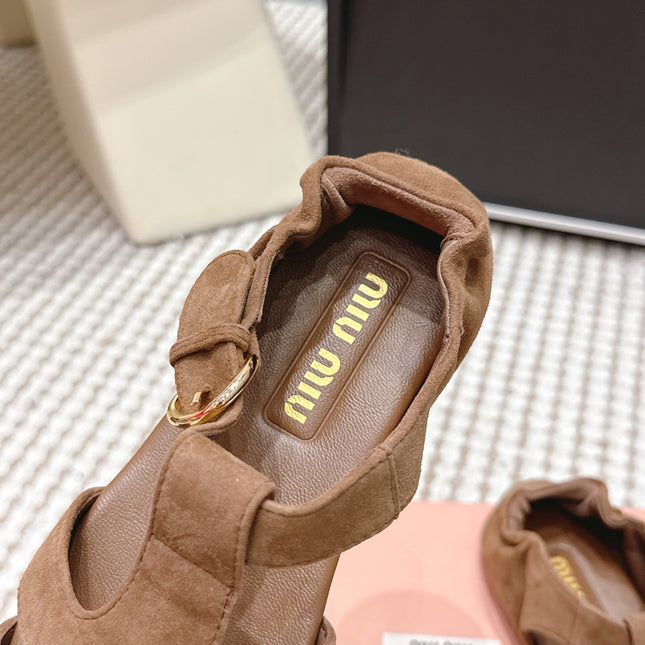 MIUMIU 26S RUCHES FISHERMAN SANDALS IN BROWN SUEDE GOLD HARDWARE
