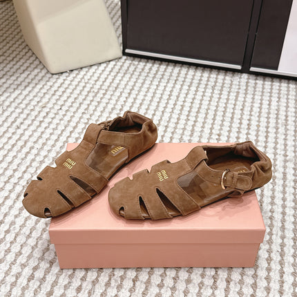 MIUMIU 26S RUCHES FISHERMAN SANDALS IN BROWN SUEDE GOLD HARDWARE
