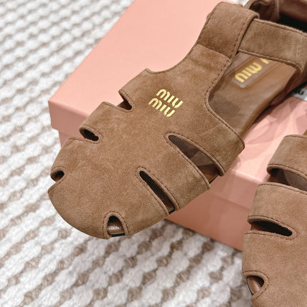MIUMIU 26S RUCHES FISHERMAN SANDALS IN BROWN SUEDE GOLD HARDWARE