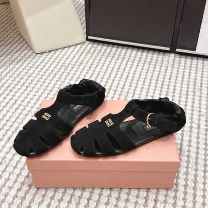 MIUMIU 26S RUCHES FISHERMAN SANDALS IN BLACK SUEDE GOLD HARDWARE