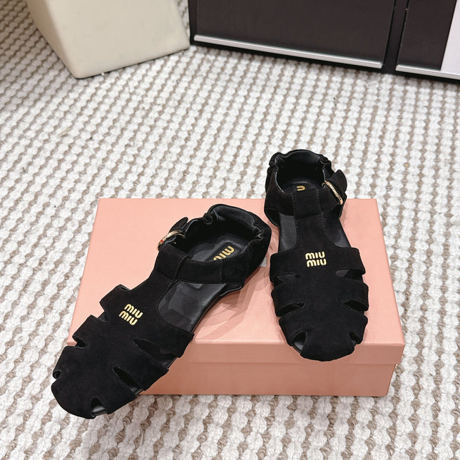 MIUMIU 26S RUCHES FISHERMAN SANDALS IN BLACK SUEDE GOLD HARDWARE