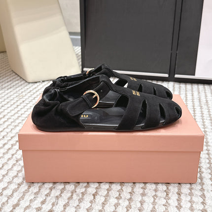 MIUMIU 26S RUCHES FISHERMAN SANDALS IN BLACK SUEDE GOLD HARDWARE