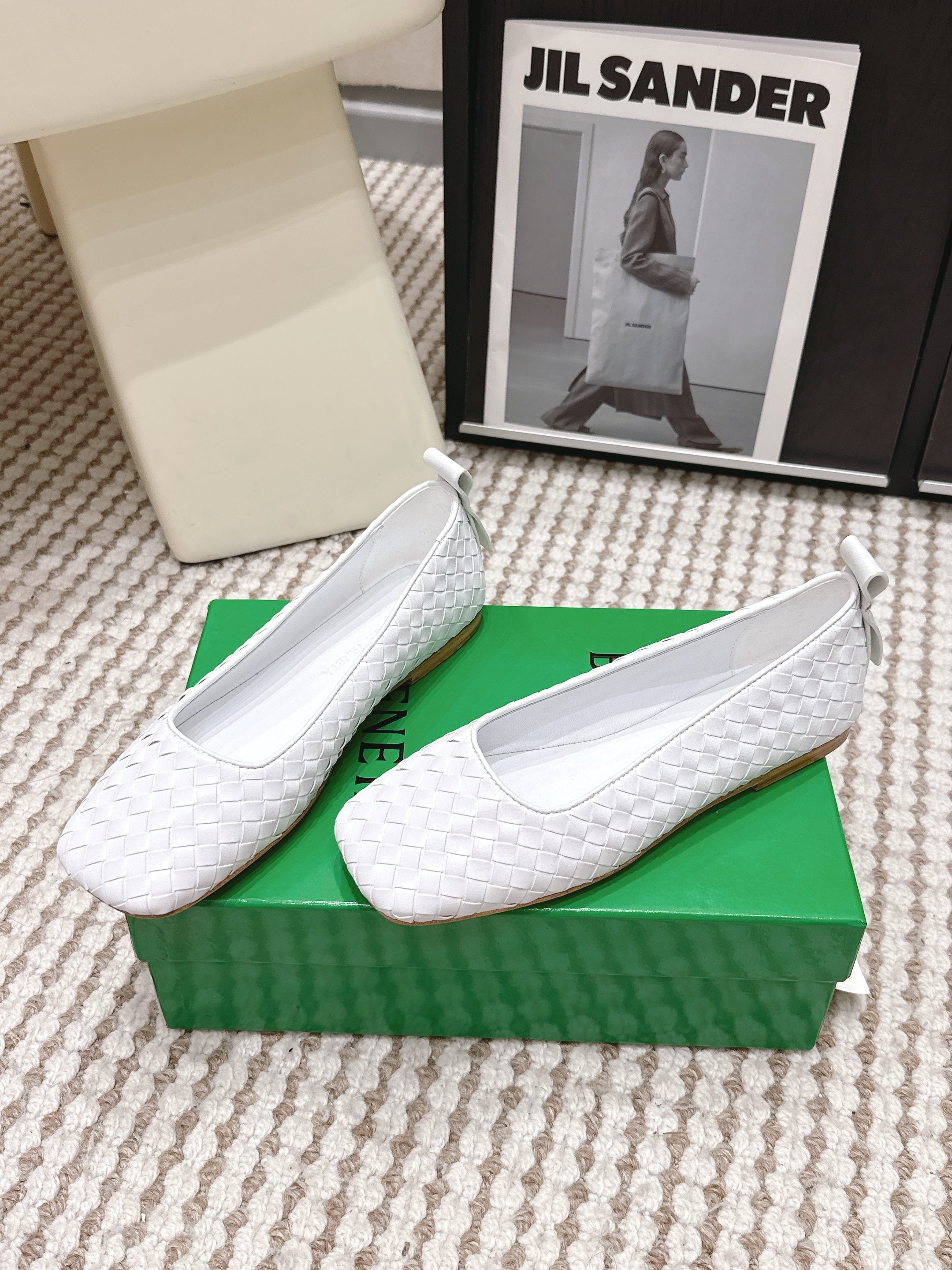 BOTTEGA VENETA 26S SQUARE-TOE FLATS IN WHITE TECHNICAL WOVEN LAMBSKIN