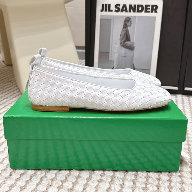 BOTTEGA VENETA 26S SQUARE-TOE FLATS IN WHITE TECHNICAL WOVEN LAMBSKIN