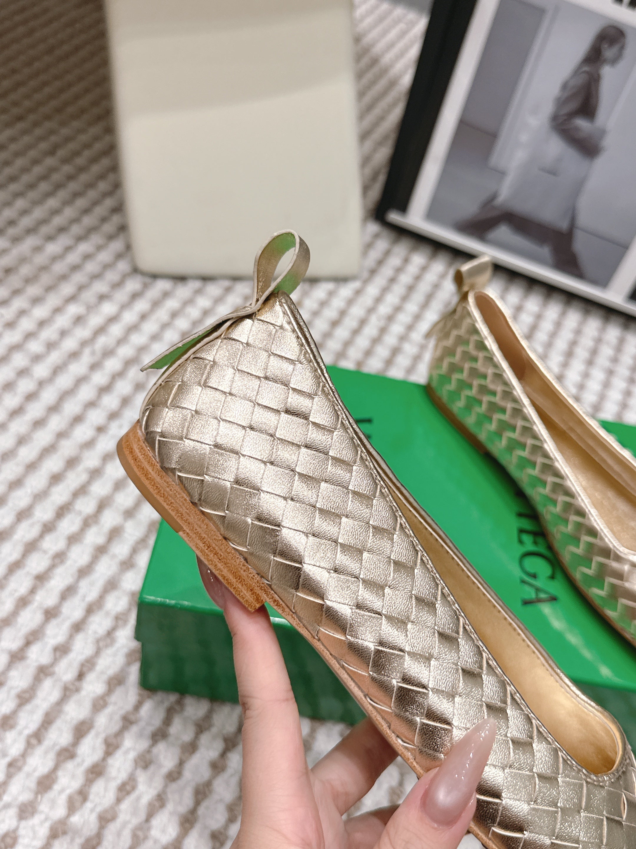 BOTTEGA VENETA 26S SQUARE-TOE FLATS IN LIGHT METALLIC GOLD TECHNICAL WOVEN LAMBSKIN