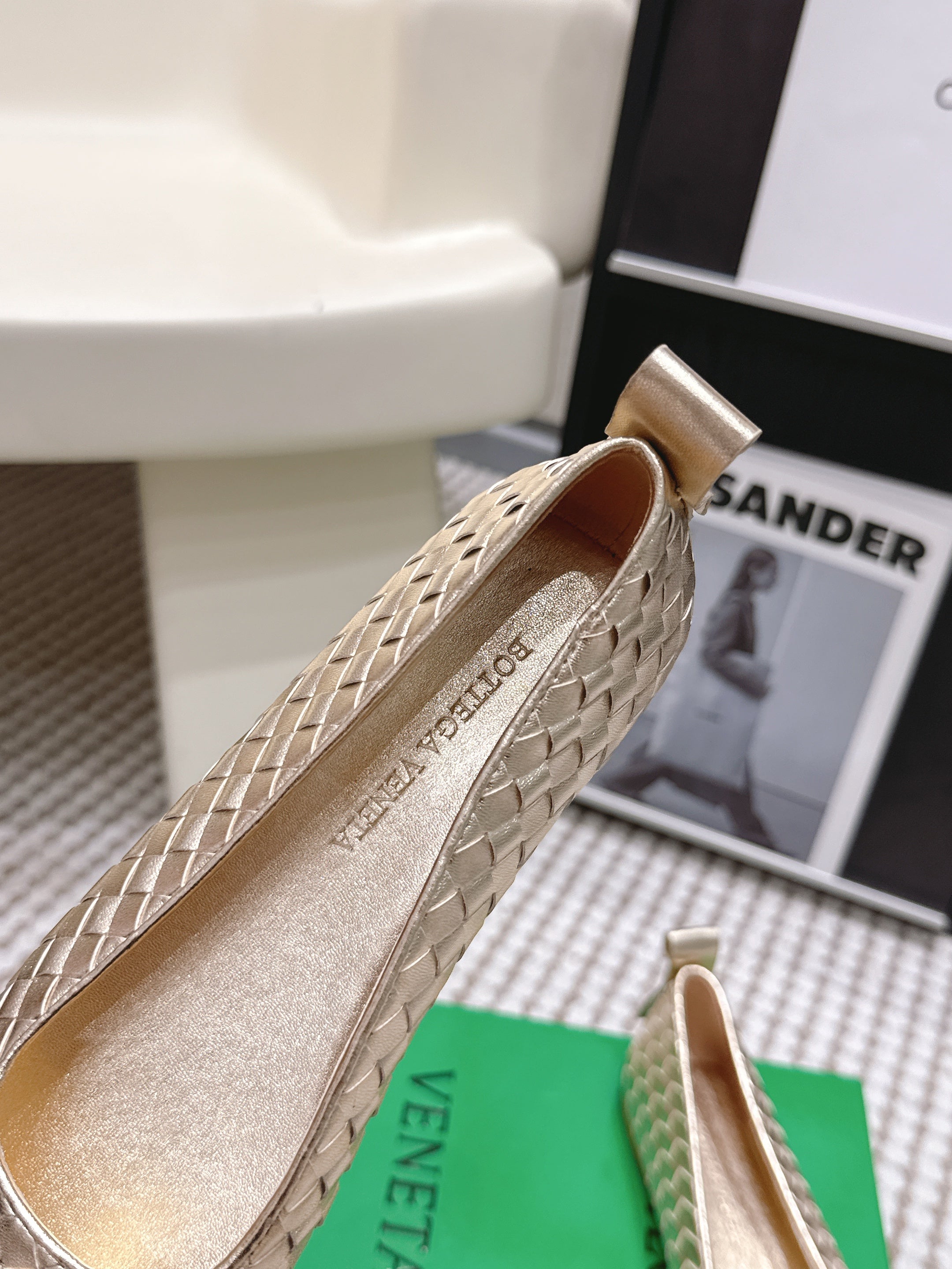 BOTTEGA VENETA 26S SQUARE-TOE FLATS IN LIGHT METALLIC GOLD TECHNICAL WOVEN LAMBSKIN