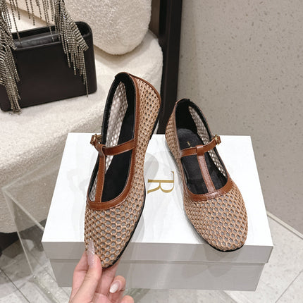 THE ROW 26S MARY JANE FLATS IN LIGHT BROWN CALFSKIN AND MESH