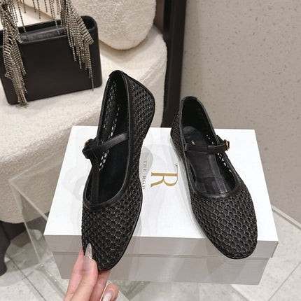 THE ROW 26S MARY JANE FLATS IN BLACK CALFSKIN AND MESH