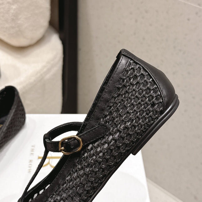 THE ROW 26S MARY JANE FLATS IN BLACK CALFSKIN AND MESH