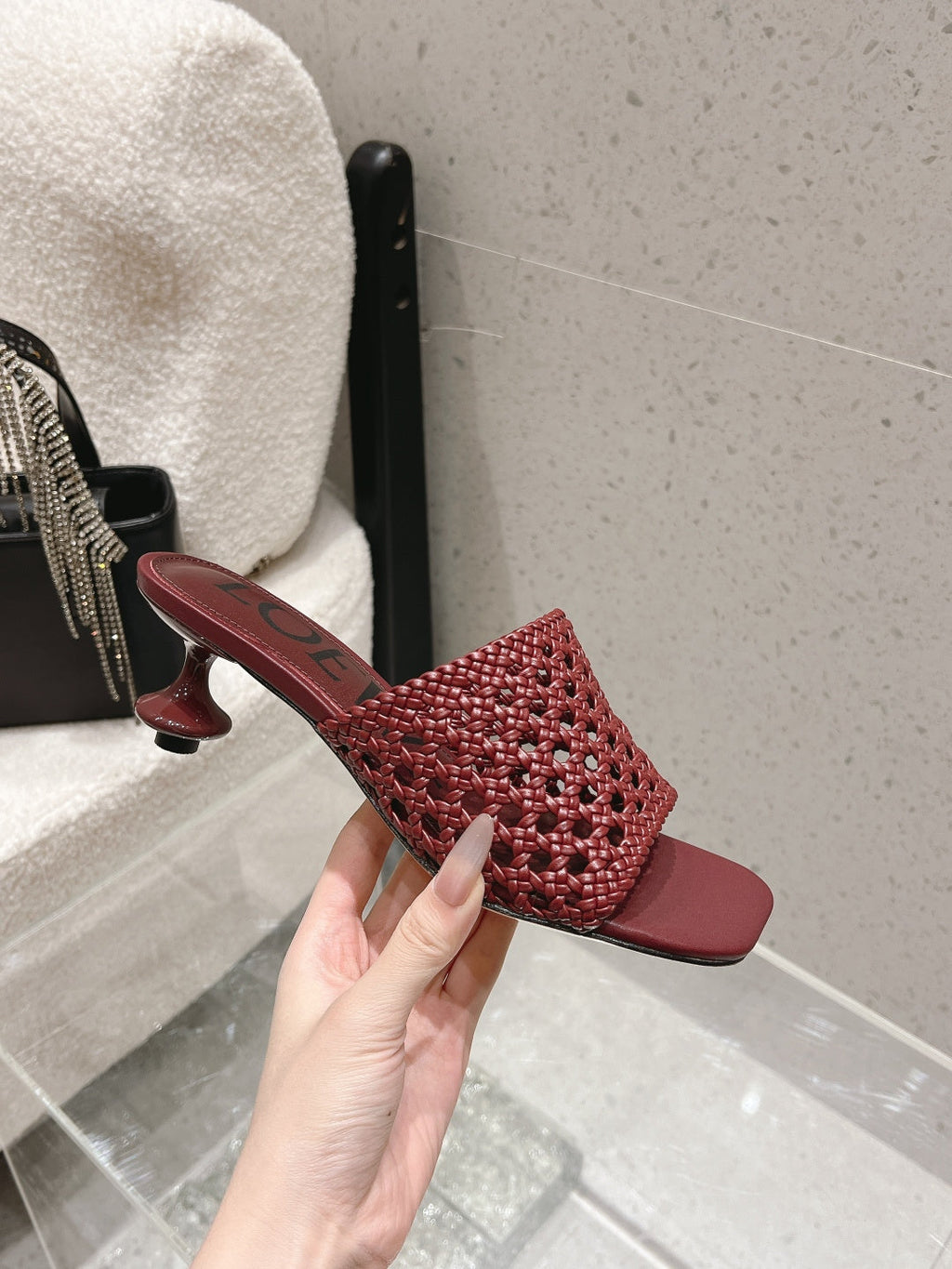 LOEWE 26S WOVEN HEEL SANDALS 50 MM IN DARK RED LAMBSKIN