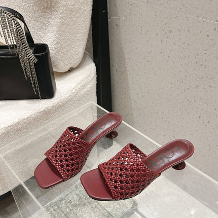 LOEWE 26S WOVEN HEEL SANDALS 50 MM IN DARK RED LAMBSKIN