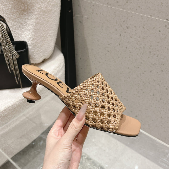LOEWE 26S WOVEN HEEL SANDALS 50 MM IN DARK BEIGE LAMBSKIN