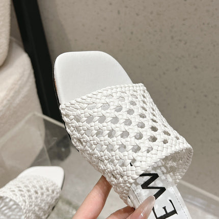 LOEWE 26S WOVEN HEEL SANDALS 50 MM IN WHITE LAMBSKIN