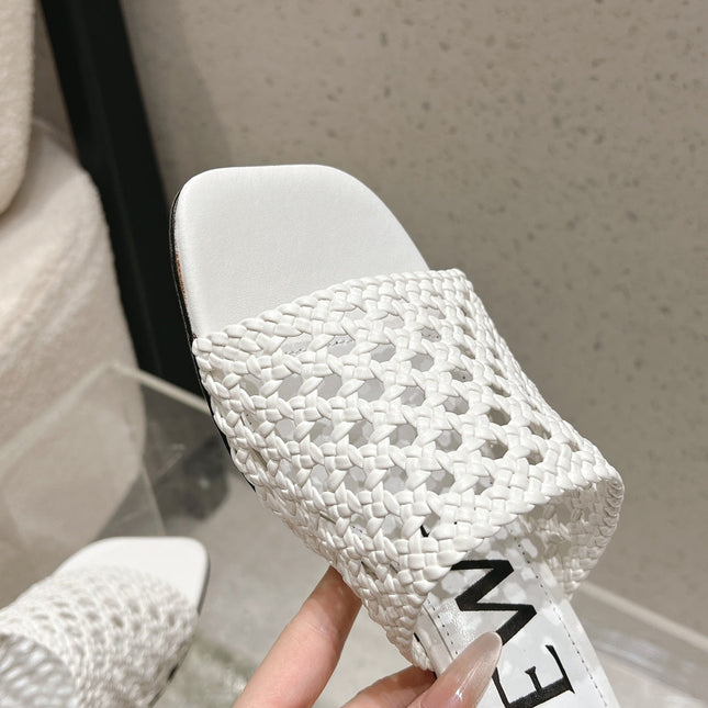 LOEWE 26S WOVEN HEEL SANDALS 50 MM IN WHITE LAMBSKIN