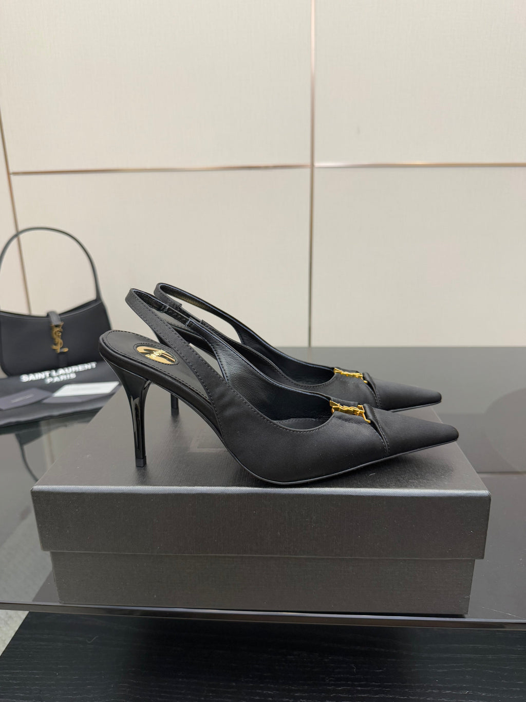 YSL 25S SLINGBACK HIGH HEELS 90 MM IN BLACK SATIN WITH GOLD HARDWARE STYLE 18