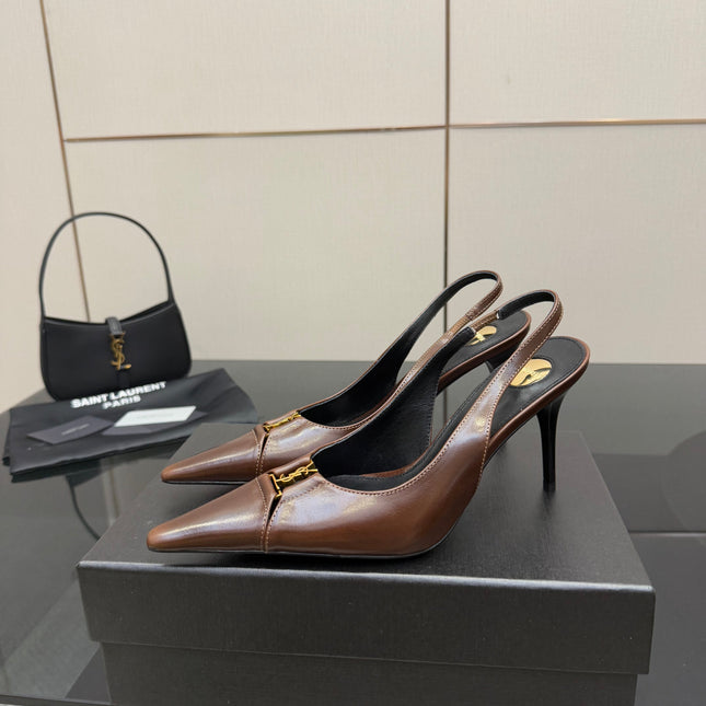 YSL 25S SLINGBACK HIGH HEELS 90 MM IN CHESTNUT BROWN LAMBSKIN WITH GOLD HARDWARE STYLE 12