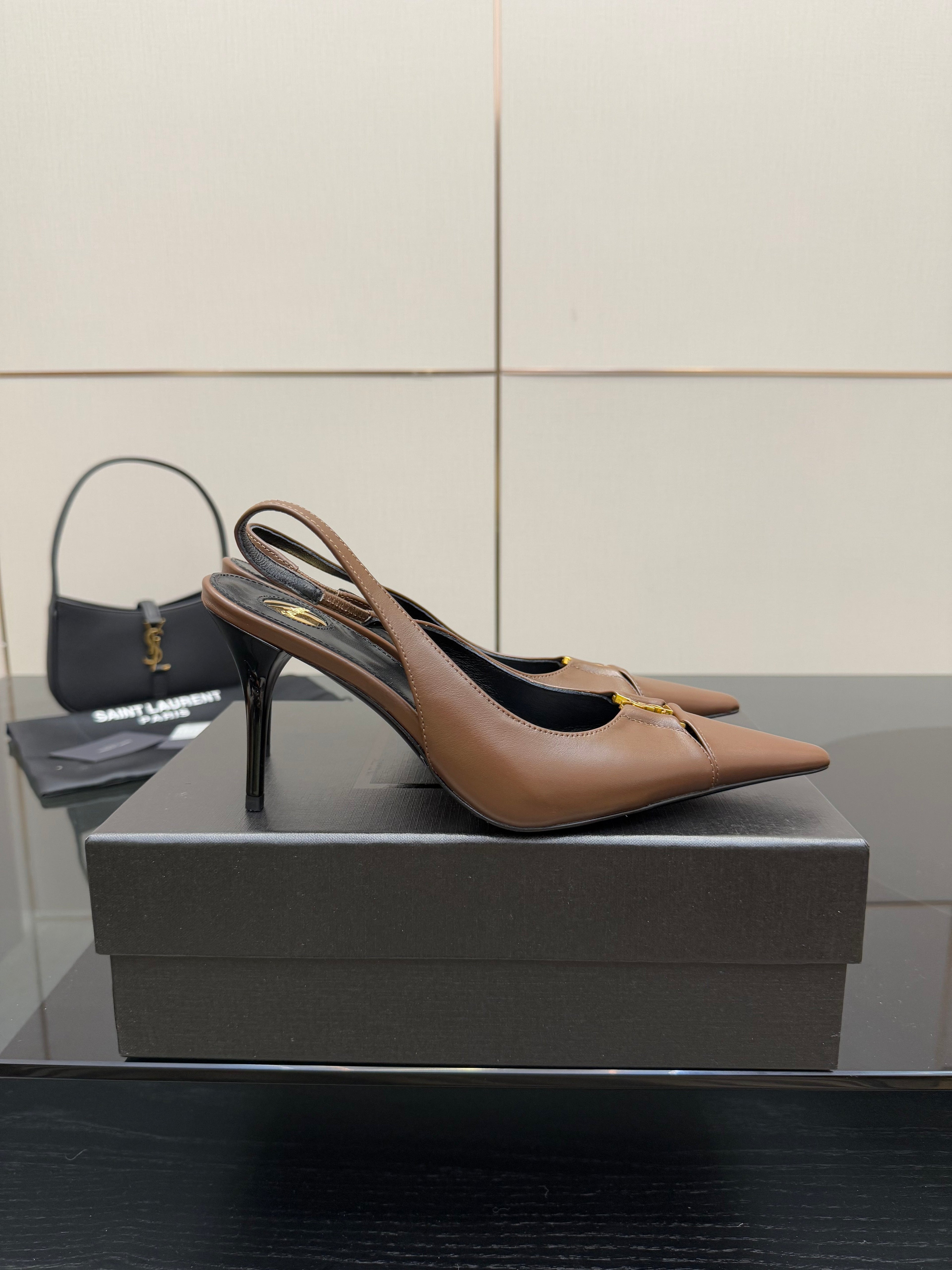 YSL 25S SLINGBACK HIGH HEELS 90 MM IN CHESTNUT BROWN LAMBSKIN WITH GOLD HARDWARE STYLE 1
