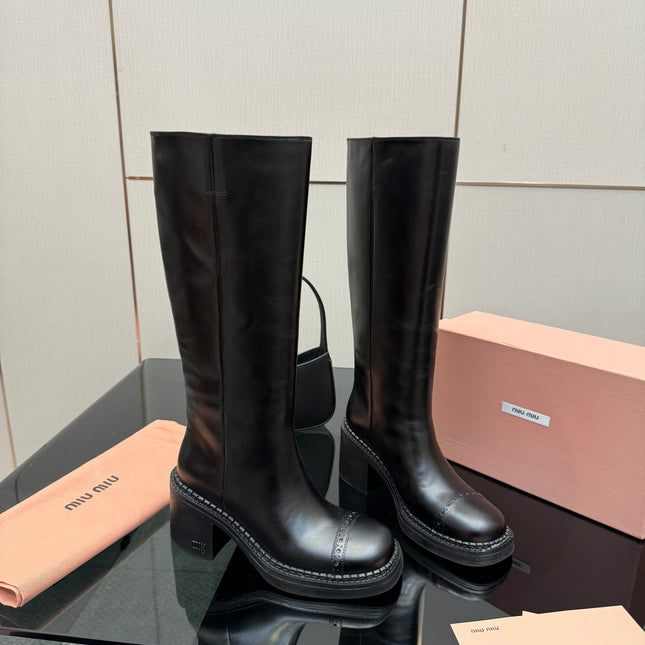 MIUMIU 25S KNEE-HIGH BOOTS IN BLACK CALFSKIN