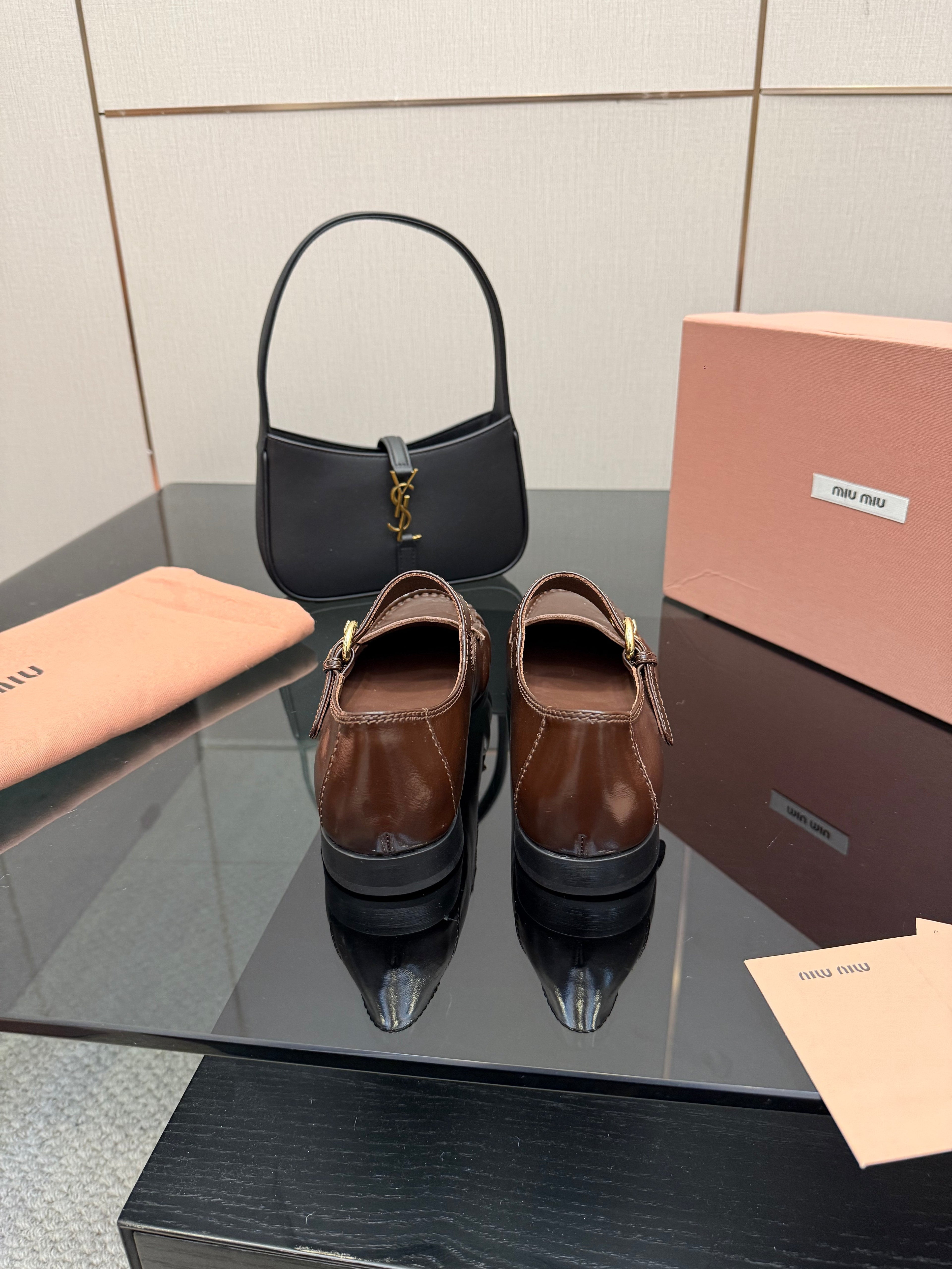 MIUMIU 25S LOAFERS WITH STRAP IN DARK BROWN LAMBSKIN