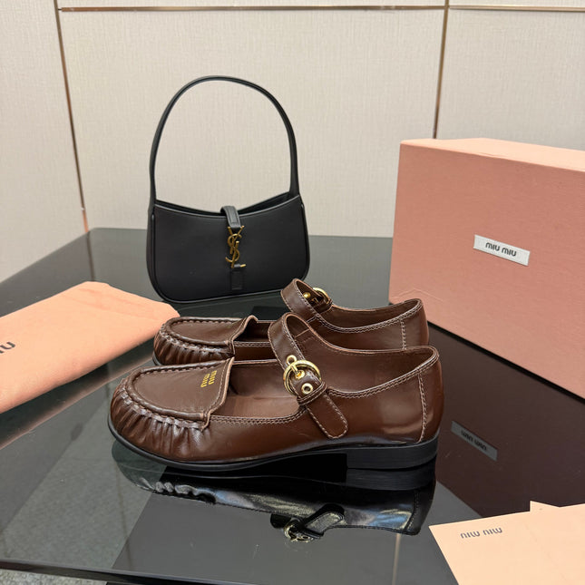 MIUMIU 25S LOAFERS WITH STRAP IN DARK BROWN LAMBSKIN
