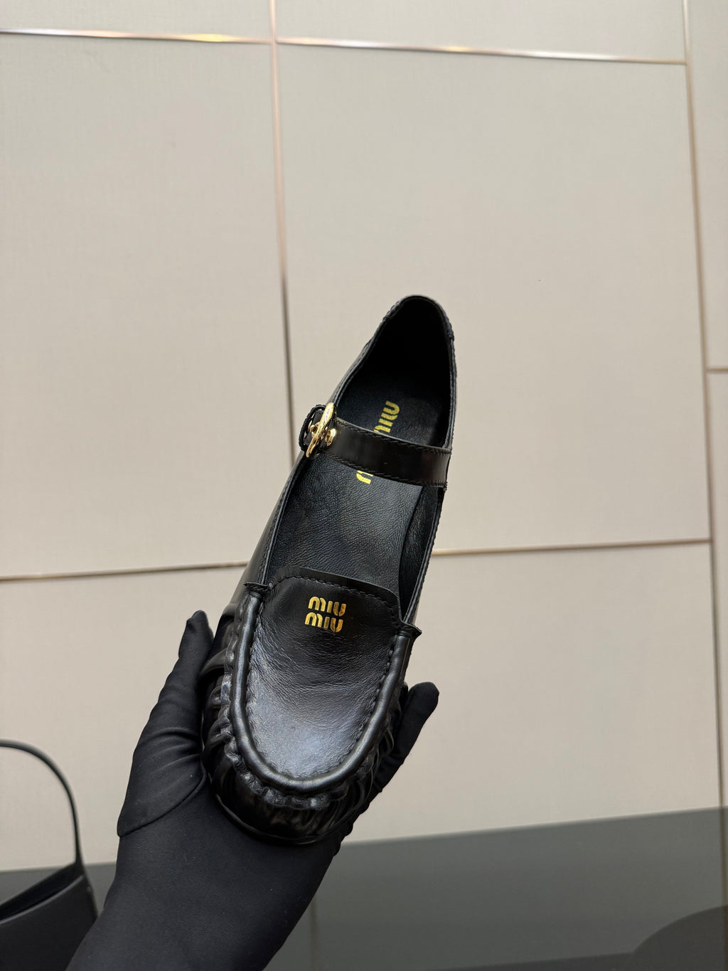 MIUMIU 25S LOAFERS WITH STRAP IN BLACK LAMBSKIN