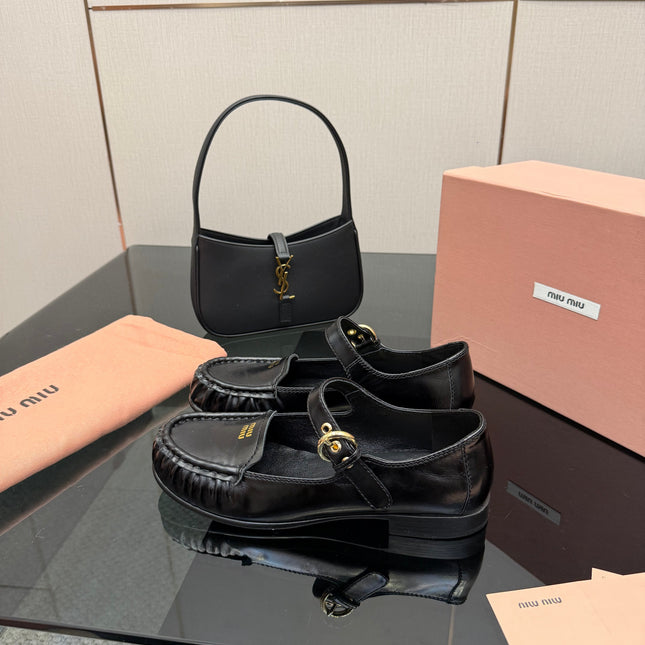 MIUMIU 25S LOAFERS WITH STRAP IN BLACK LAMBSKIN