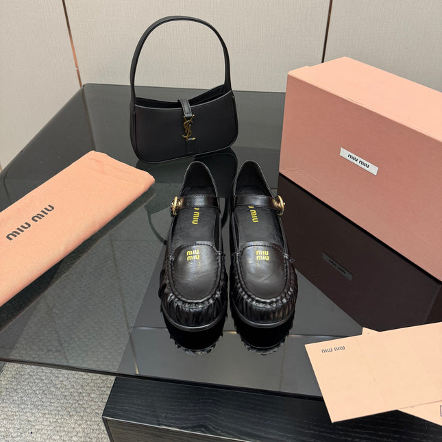MIUMIU 25S LOAFERS WITH STRAP IN BLACK LAMBSKIN