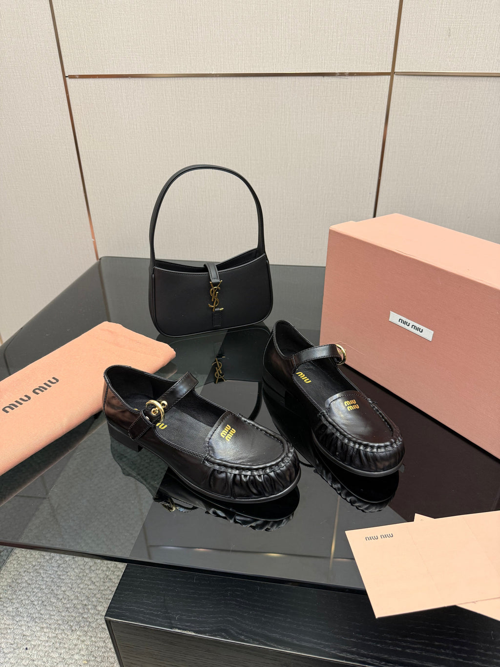 MIUMIU 25S LOAFERS WITH STRAP IN BLACK LAMBSKIN