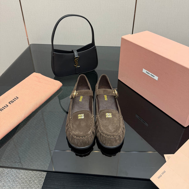 MIUMIU 25S LOAFERS WITH STRAP IN DARK BROWN SUEDE