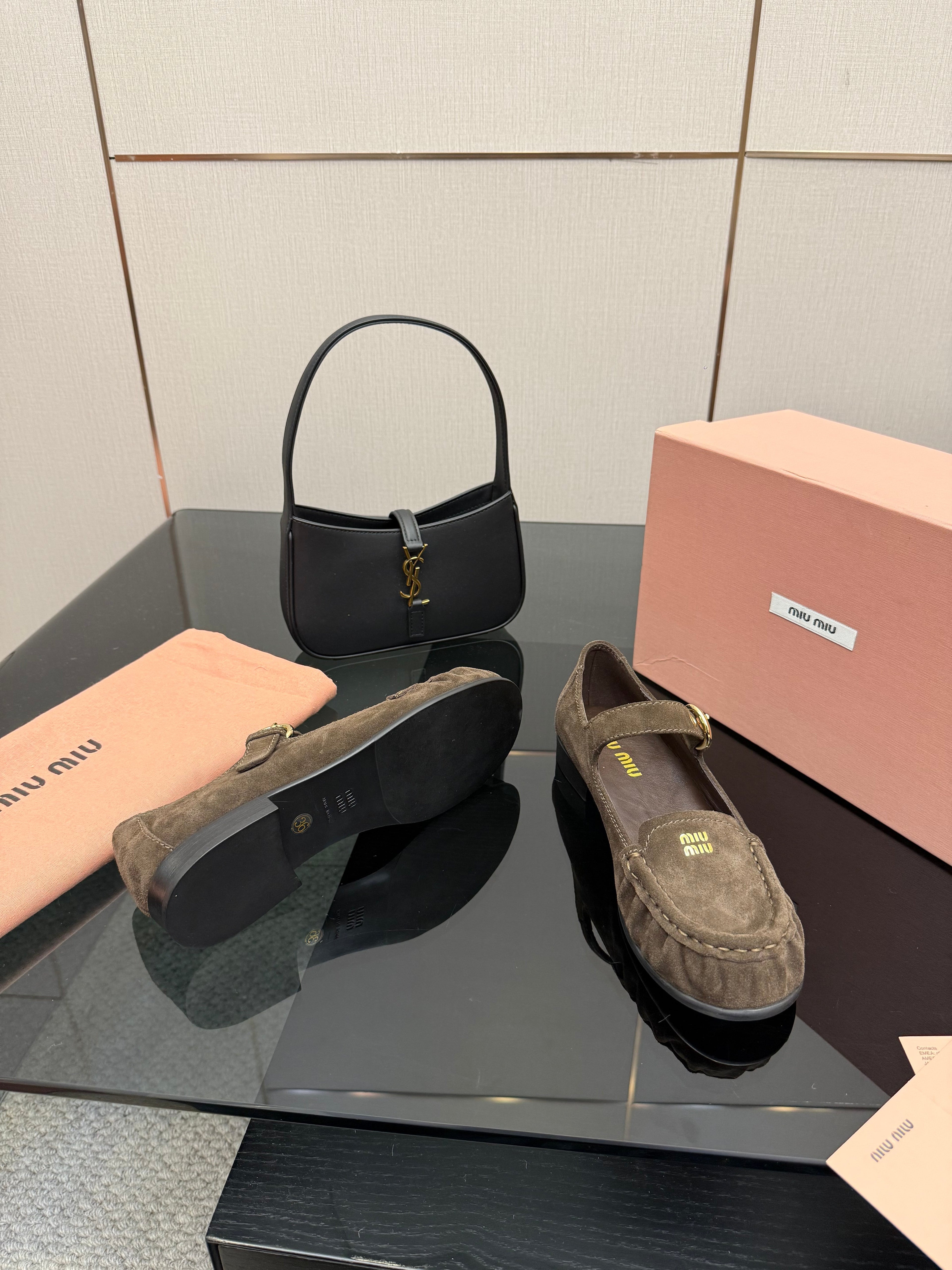 MIUMIU 25S LOAFERS WITH STRAP IN DARK BROWN SUEDE