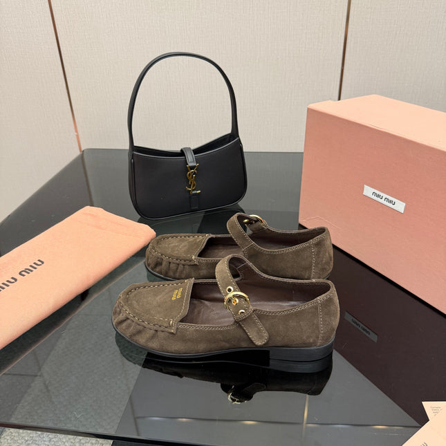 MIUMIU 25S LOAFERS WITH STRAP IN DARK BROWN SUEDE