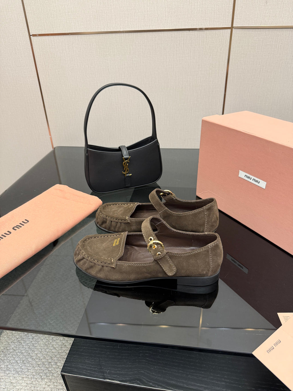 MIUMIU 25S LOAFERS WITH STRAP IN DARK BROWN SUEDE