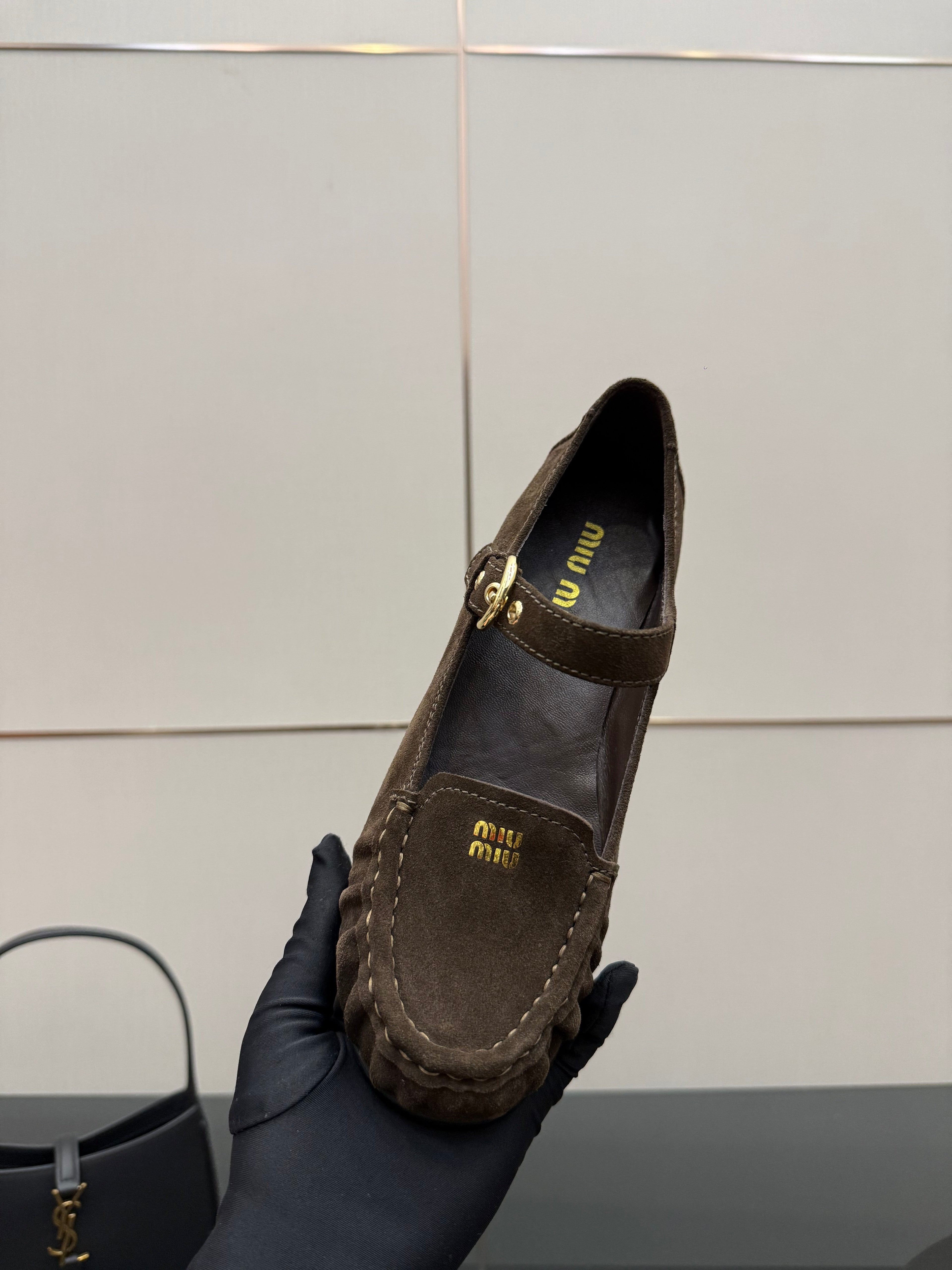 MIUMIU 25S LOAFERS WITH STRAP IN DARK BROWN SUEDE