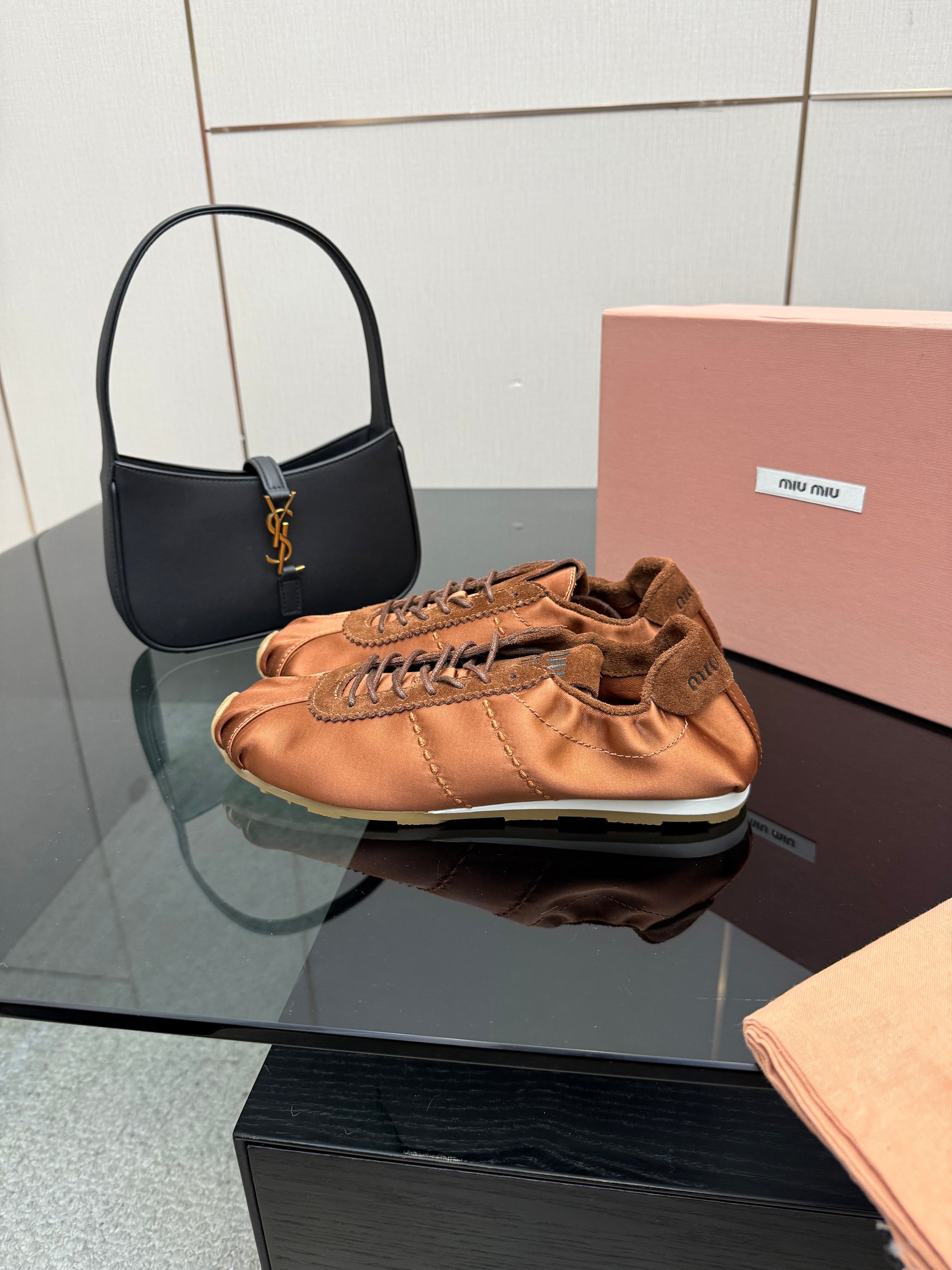 MIUMIU 25S SNEAKERS IN COCOA BROWN PLUME SATIN