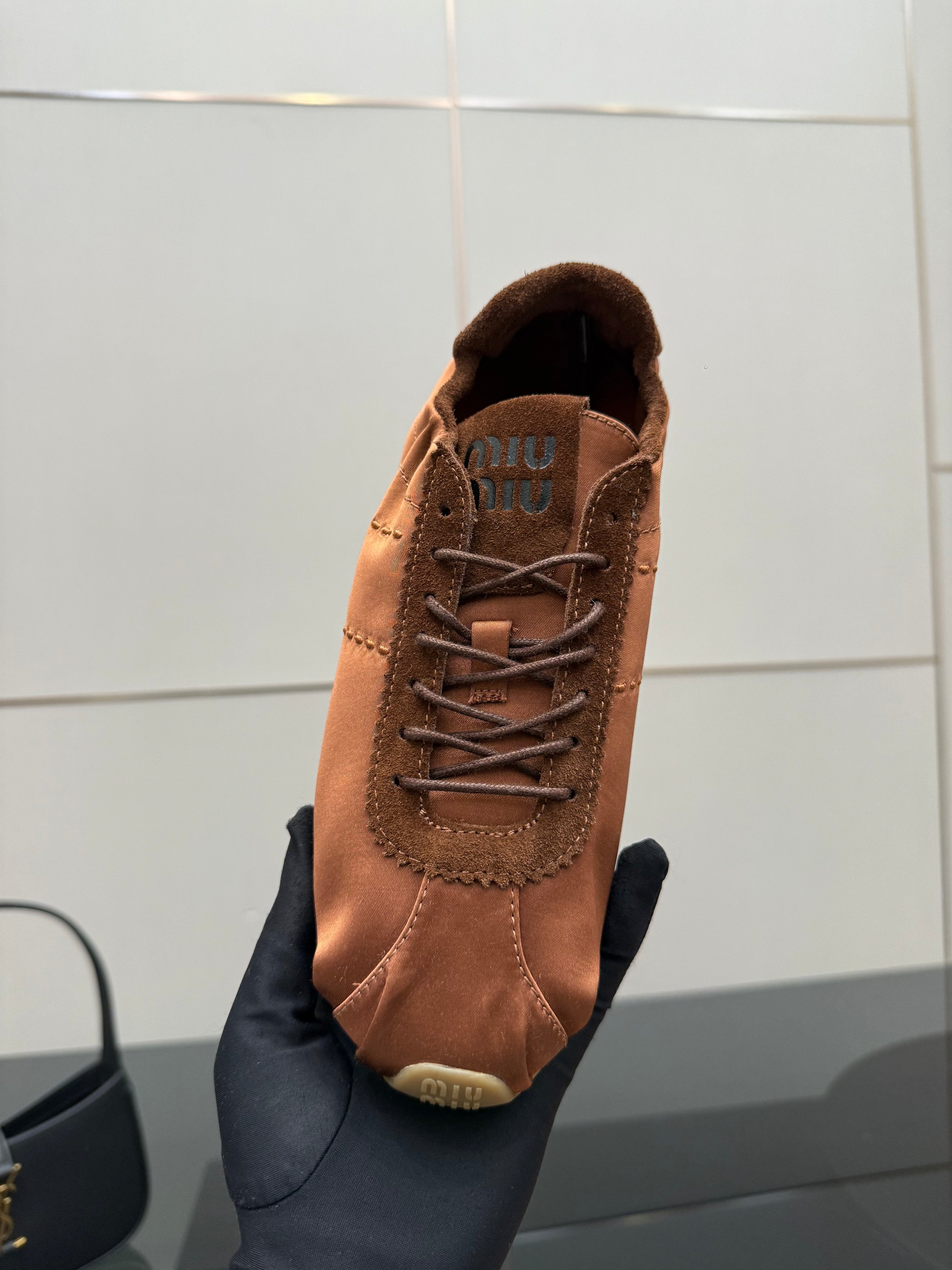 MIUMIU 25S SNEAKERS IN COCOA BROWN PLUME SATIN