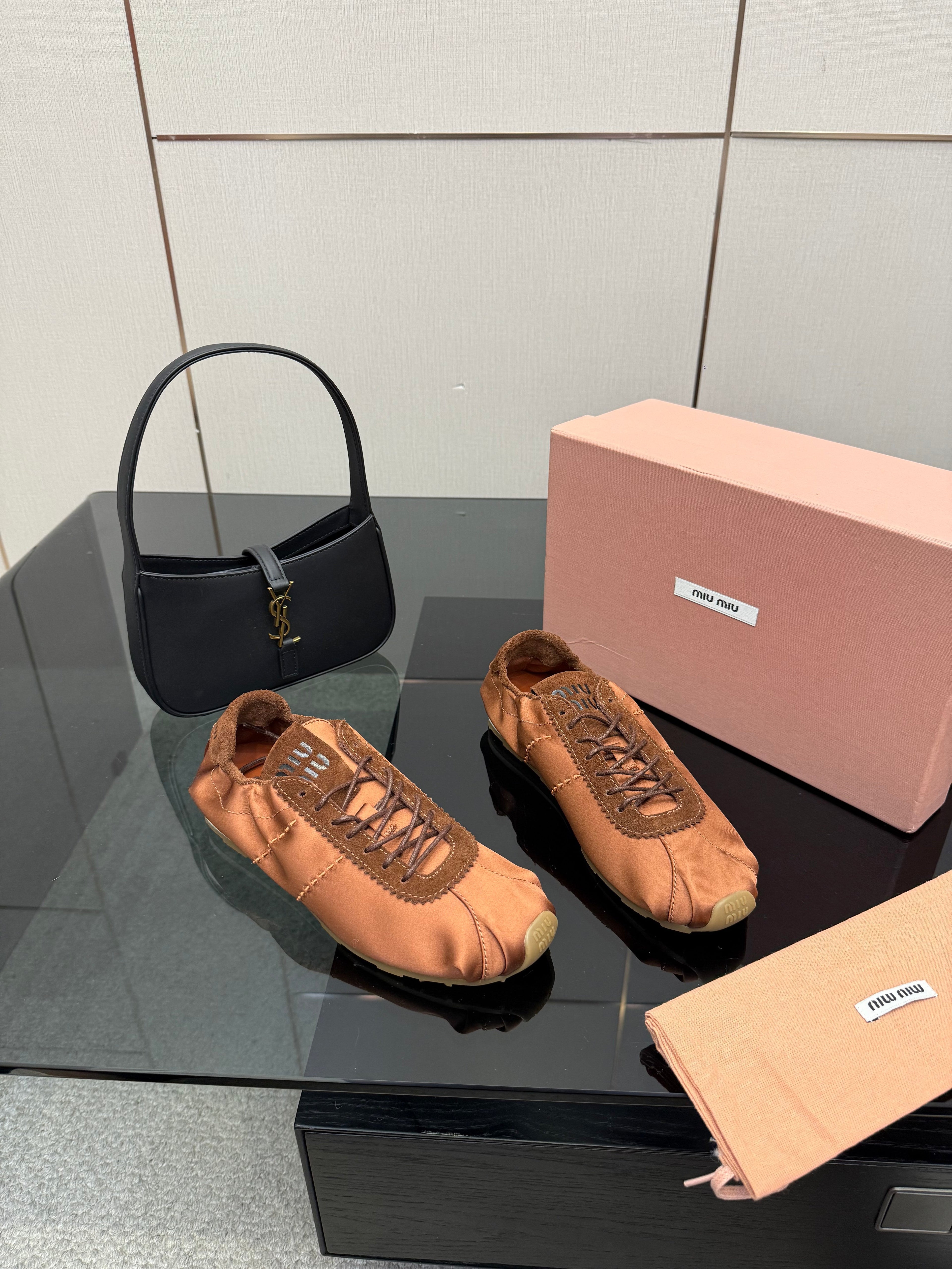 MIUMIU 25S SNEAKERS IN COCOA BROWN PLUME SATIN