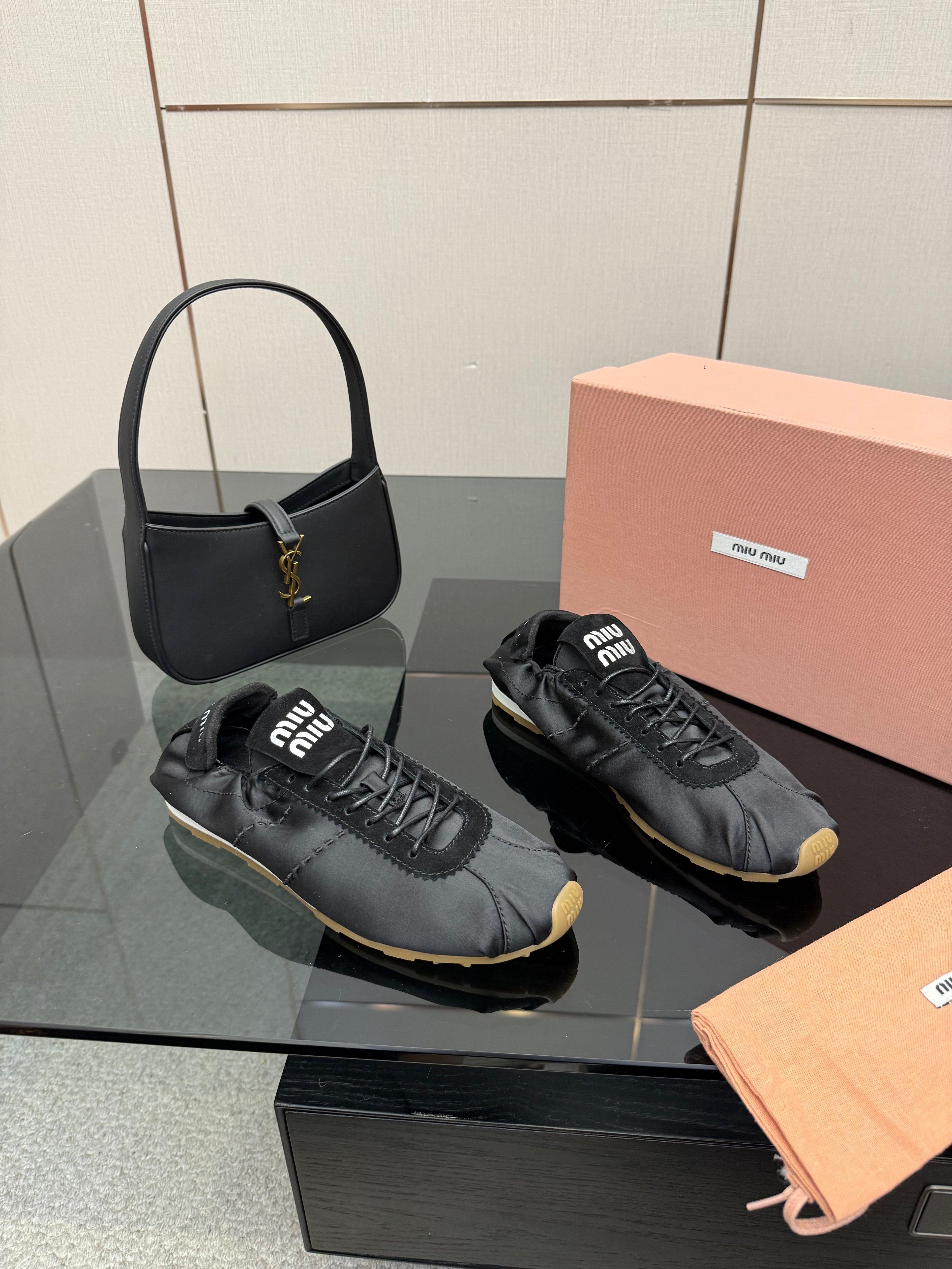 MIUMIU 25S SNEAKERS IN BLACK PLUME SATIN