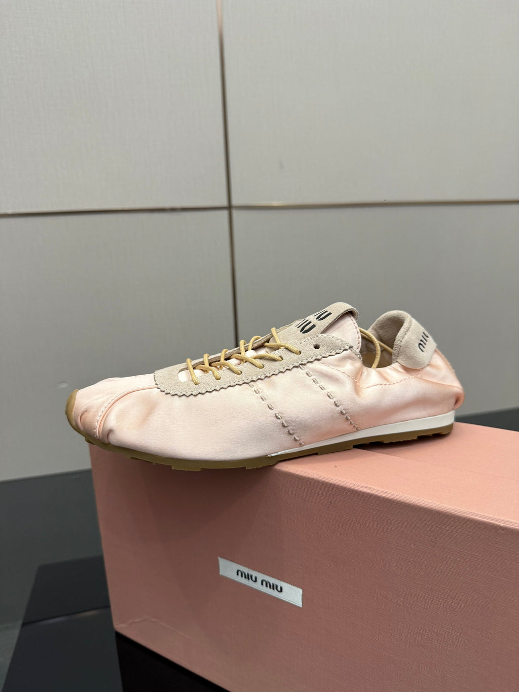 MIUMIU 25S SNEAKERS IN POWDER PINK PLUME SATIN