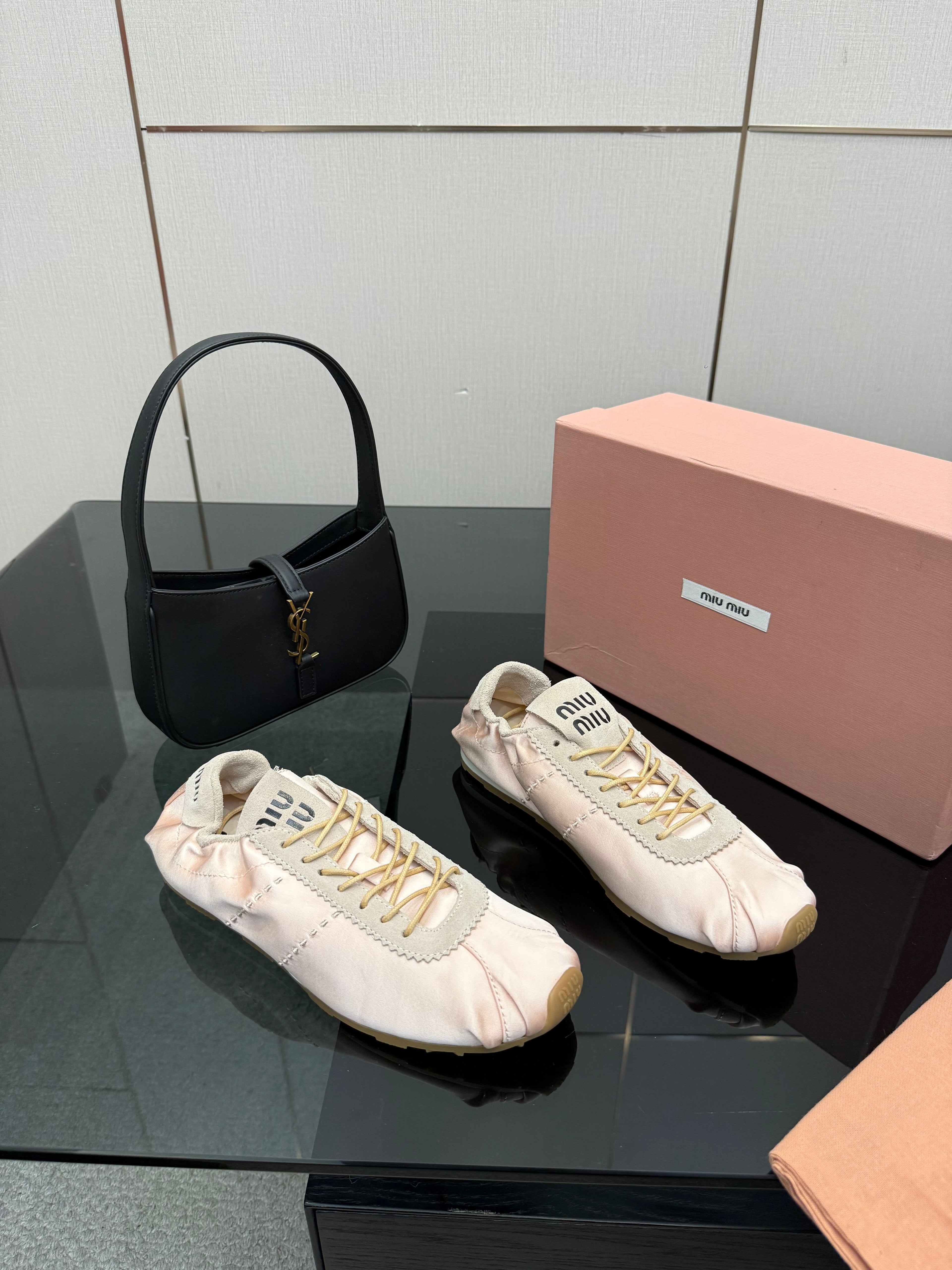 MIUMIU 25S SNEAKERS IN POWDER PINK PLUME SATIN