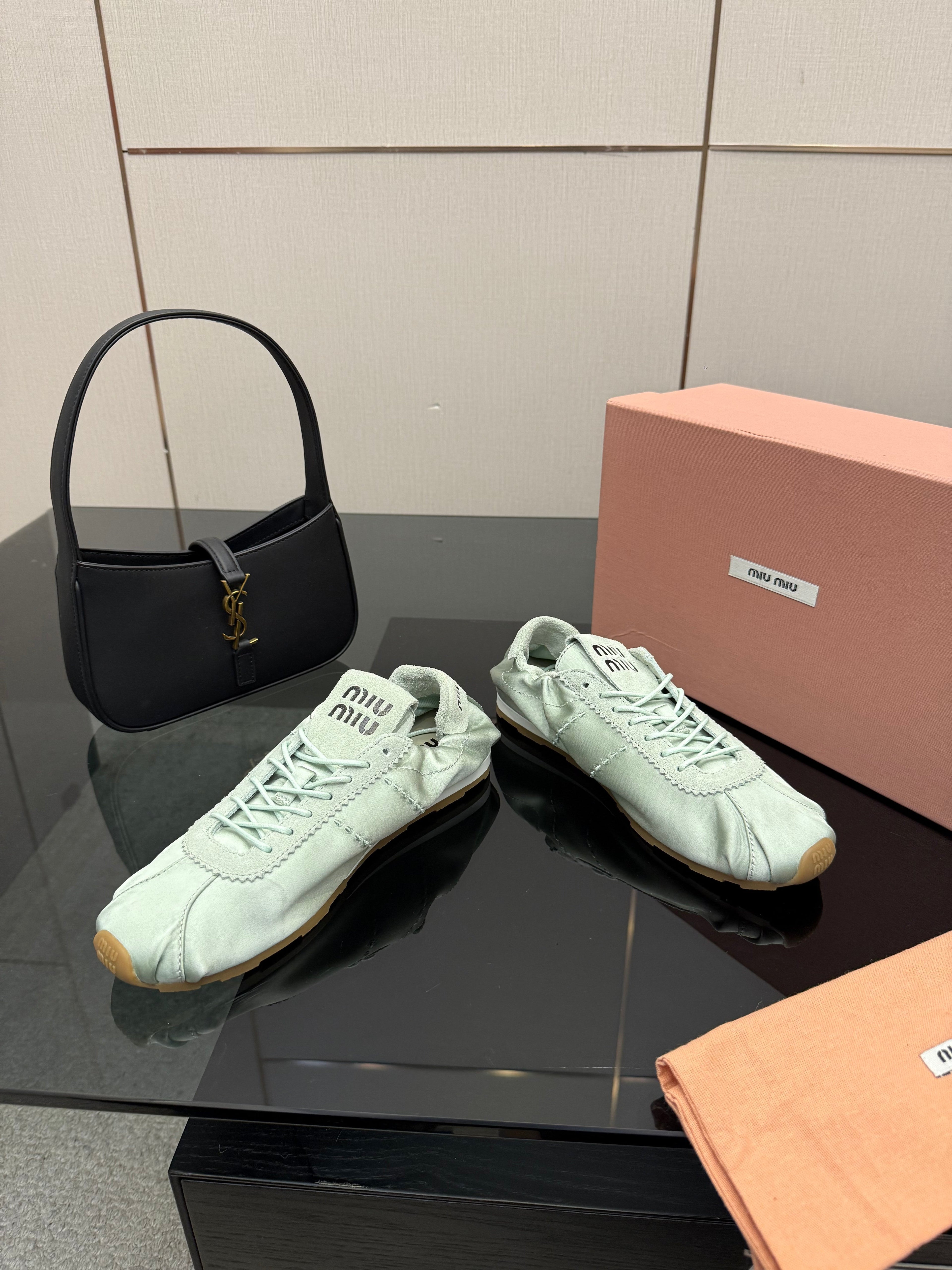 MIUMIU 25S SNEAKERS IN POWDER BLUE PLUME SATIN