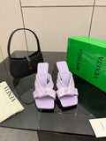 BOTTEGA VENETA 26S HEELED SANDALS 95 MM IN LIGHT PURPLE CALFSKIN AND RAFFIA