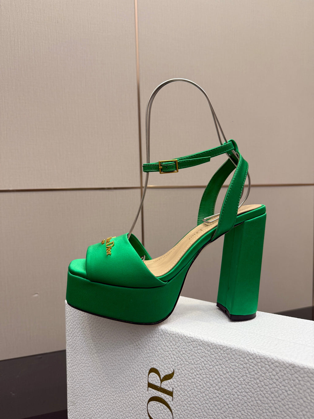 DIOR 26S HIGH HEEL SANDALS 120 MM IN GREEN SATIN
