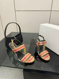 BURBERRY 26S HIGH-HEELED SANDALS 100 MM IN LIGHT BROWN STRIPES FABRIC