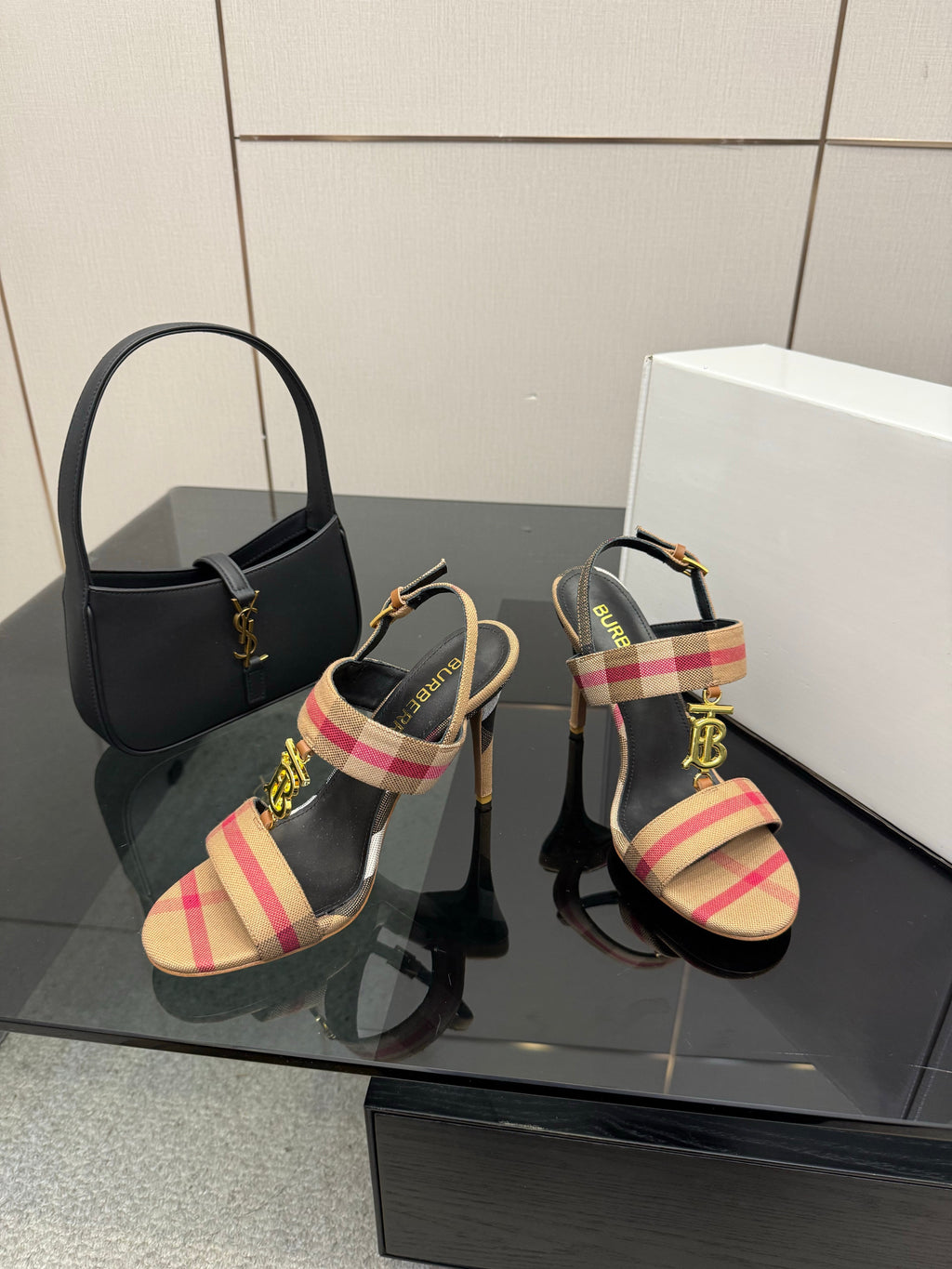 BURBERRY 26S HIGH-HEELED SANDALS 100 MM IN LIGHT BROWN STRIPES FABRIC